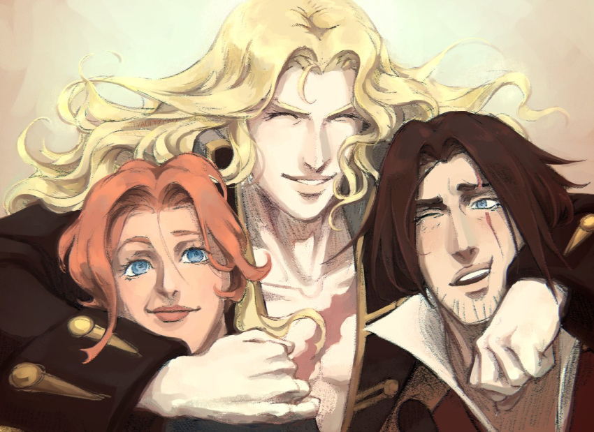 1girl 2boys alucard_(castlevania) artist_request bishounen black_hair blonde_hair blue_eyes breasts brown_hair cape castlevania castlevania:_symphony_of_the_night castlevania_iii:_dracula's_curse cloak hug long_hair looking_at_viewer male_focus multiple_boys short_hair silver_hair smile sypha_belnades trevor_c._belmont vampire white_hair