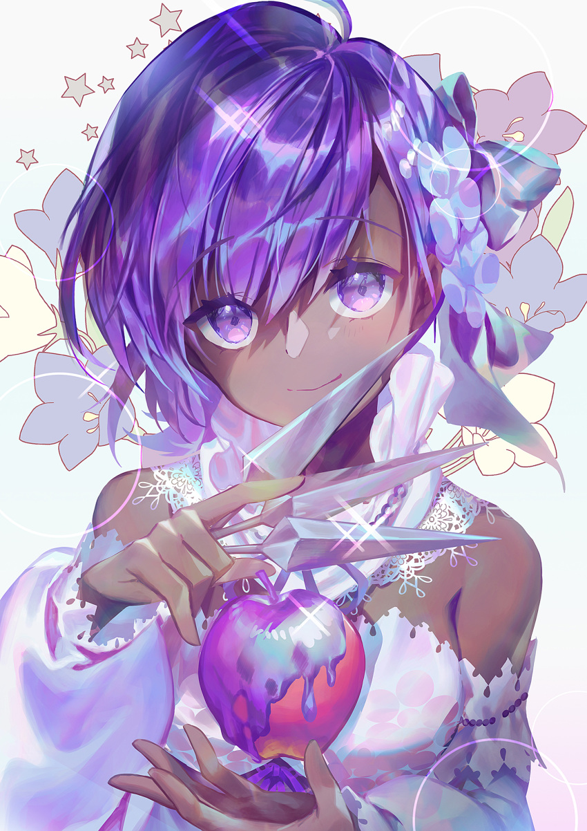 1girl apple bangs bare_shoulders breasts dark-skinned_female dark_skin dress emoillu fate/grand_order fate/prototype fate/prototype:_fragments_of_blue_and_silver fate_(series) flower food fruit hair_flower hair_ornament hassan_of_serenity_(fate) highres kunai looking_at_viewer lostroom_outfit_(fate) medium_breasts poison_apple purple_hair short_hair sidelocks smile violet_eyes weapon white_dress