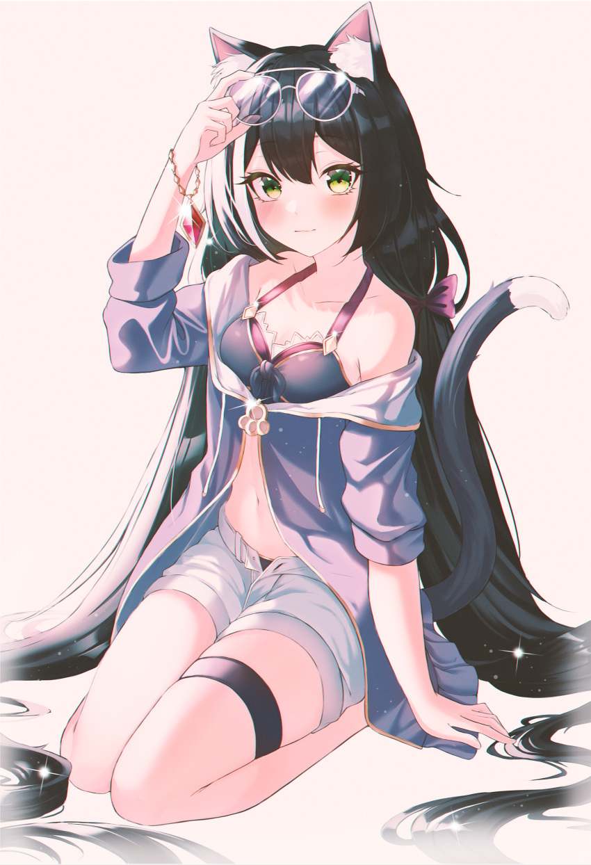1girl absurdres animal_ear_fluff animal_ears bangs bare_shoulders black_bra black_hair bra breasts cat_ears cat_girl cat_tail collarbone commentary eyebrows_visible_through_hair eyewear_on_head full_body green_eyes highres karyl_(princess_connect!) long_hair long_sleeves looking_at_viewer off_shoulder princess_connect! purple_shirt seko_(sekoko) shirt short_shorts shorts sitting solo sunglasses tail tail_raised thigh_strap twintails underwear very_long_hair white_background white_shorts
