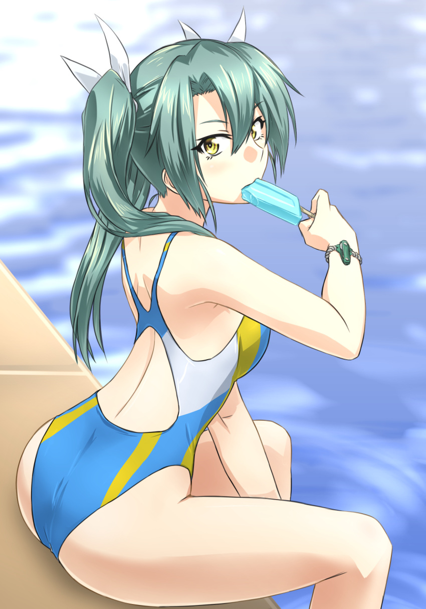 1girl absurdres akito_(sub707) ass blue_swimsuit bracelet breasts competition_swimsuit eating food green_hair hair_between_eyes hair_ribbon highres jewelry kantai_collection light_blush long_hair looking_at_viewer looking_back medium_breasts multicolored multicolored_clothes multicolored_swimsuit one-piece_swimsuit pool poolside popsicle ribbon sitting solo swimsuit twintails water white_ribbon yellow_eyes yellow_swimsuit zuikaku_(kancolle)
