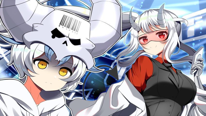 1boy 1girl bangs barcode black_vest blue_hair blush breasts character_request closed_mouth collared_shirt demon_girl demon_tail goggles hand_up helltaker highres holding hood hood_down hoodie horns kimautomne labcoat large_breasts long_hair long_sleeves looking_at_viewer loremaster_(helltaker) necktie outline ponytail red_eyes red_shirt shiny shiny_hair shirt short_hair skull smile subject_67_(helltaker) tail upper_body vest white_hair white_hoodie white_outline yellow_eyes