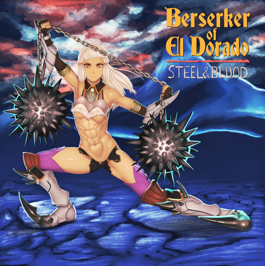 1girl abs album_cover armor bangs bare_shoulders biceps blunt_bangs boots breastplate breasts chain closed_mouth cover elbow_gloves english_text fate/grand_order fate_(series) flail full_body gloves highres looking_at_viewer muscular muscular_female navel parody penthesilea_(fate) rimviolet sidelocks smile solo spiked_boots thigh-highs under_boob vambraces weapon white_hair yellow_eyes yngwie_malmsteen
