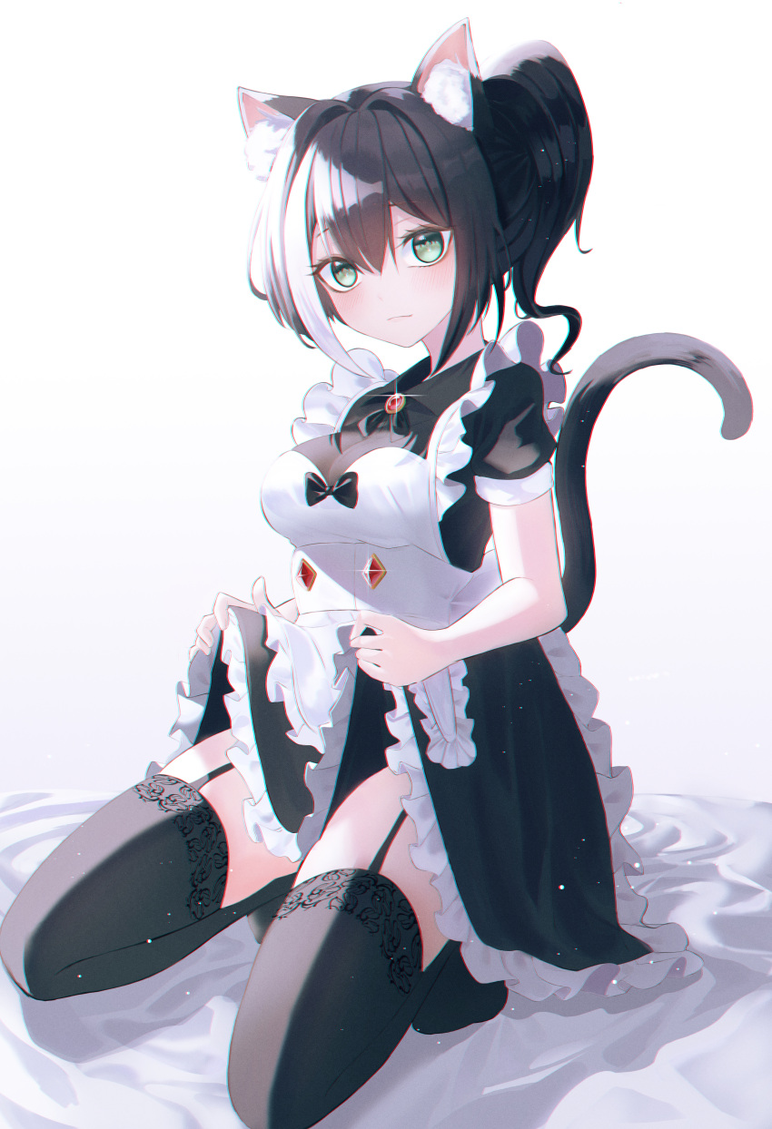 1girl absurdres alternate_costume animal_ear_fluff animal_ears apron bangs bed_sheet black_dress black_hair black_legwear breasts cat_ears cat_girl cat_tail commentary dress enmaided frilled_apron frilled_dress frills garter_straps hair_between_eyes highres huge_filesize karyl_(princess_connect!) long_hair maid medium_breasts multicolored_hair no_shoes princess_connect! seko_(sekoko) short_sleeves solo streaked_hair tail tail_raised thigh-highs tied_hair white_apron white_background white_hair