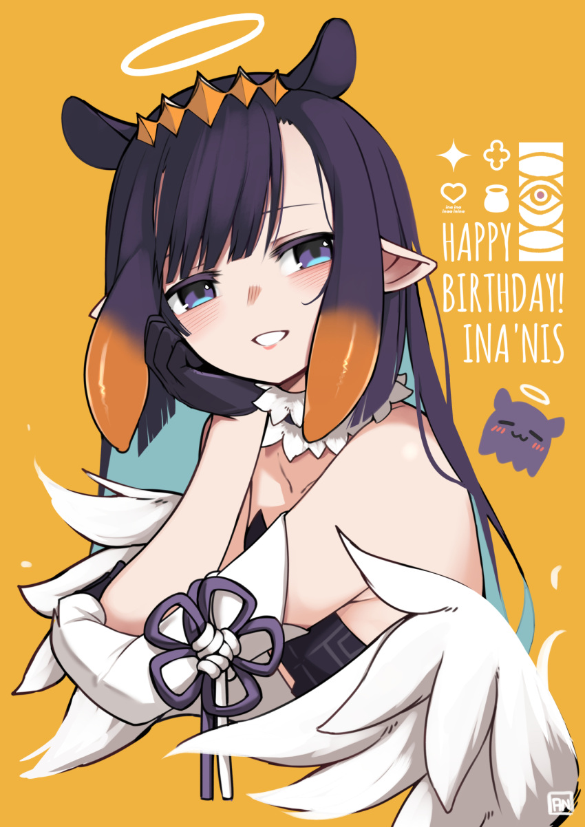 1girl :3 angry_num bangs blush character_name cropped_torso detached_sleeves fur_choker hair_behind_ear halo hand_on_own_face happy_birthday highres hololive hololive_english long_hair ninomae_ina'nis parted_lips purple_hair single_detached_sleeve sleeve smile solo tako_(ninomae_ina'nis) tentacle_hair upper_body virtual_youtuber wings yellow_background
