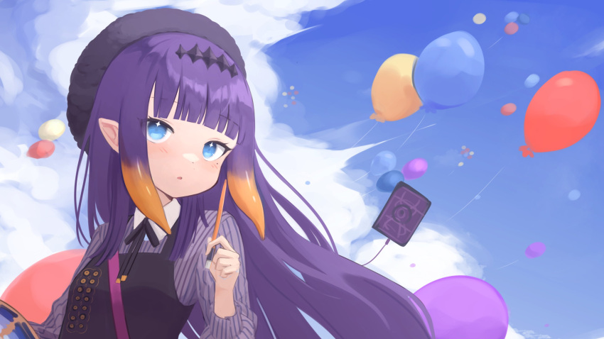 1girl absurdres balloon beret black_dress black_headwear blue_eyes clouds collared_shirt dress grey_shirt hair_behind_ear hat highres holding holding_stylus hololive hololive_english klaius mole mole_under_eye ninomae_ina'nis open_mouth pointy_ears purple_hair shirt sky solo sparkling_eyes stylus tablet_pc tentacle_hair virtual_youtuber