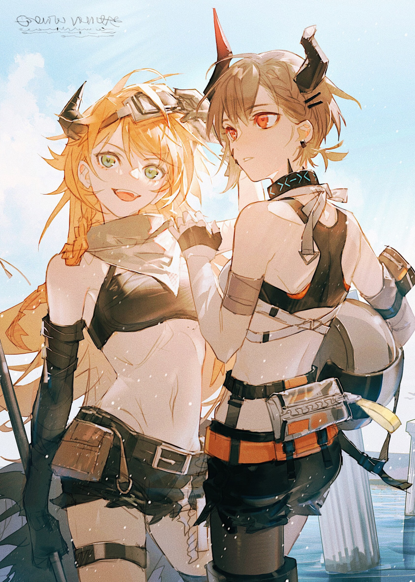 2girls :d arknights bandana bandeau bangs bare_shoulders belt black_choker black_gloves black_shorts blue_sky choker clouds cowboy_shot croissant_(arknights) croissant_(seeker)_(arknights) day elbow_gloves from_behind gloves goggles goggles_on_head green_eyes grey_hair hair_ornament hairclip head_tilt highres horns infection_monitor_(arknights) long_hair looking_at_viewer midriff multiple_girls navel nunok open_mouth orange_hair oripathy_lesion_(arknights) parted_lips pouch red_eyes short_shorts shorts sky smile standing stomach thigh_strap thighs vulcan_(arknights)