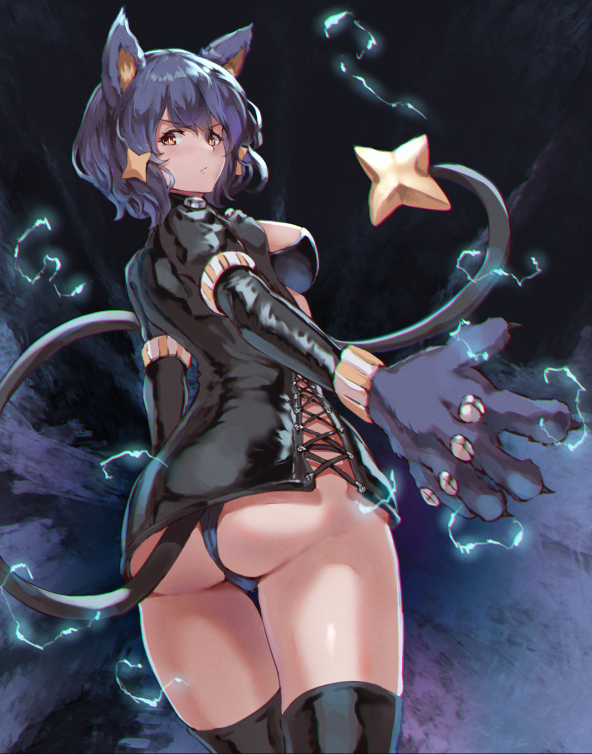 1girl ass bangs black_legwear breasts bright_pupils brown_eyes cat_girl closed_mouth commentary_request electricity eyelashes from_below fusion gen_4_pokemon hair_between_eyes highres jojobirdz long_sleeves looking_back luxray mizuno_ai pokemon pokemon_ears pokemon_tail shiny shiny_skin solo thigh-highs white_pupils zombie_land_saga