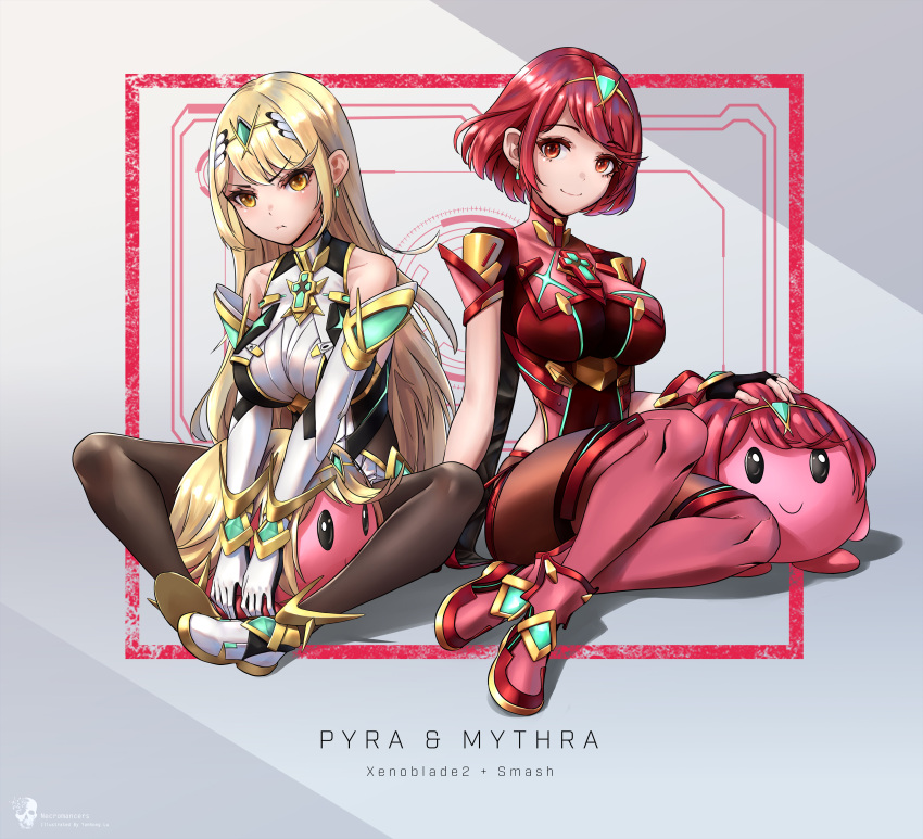 2girls absurdres bangs bare_shoulders black_gloves blonde_hair breasts chest_jewel dress earrings elbow_gloves fingerless_gloves gloves highres jewelry kirby kirby_(series) large_breasts long_hair lu_(pixiv20967832) mythra_(xenoblade) pyra_(xenoblade) pyra_(xenoblade)_(cosplay) red_eyes red_legwear red_shorts redhead short_dress short_hair short_shorts shorts super_smash_bros. swept_bangs thigh-highs thigh_strap tiara very_long_hair white_dress white_footwear white_gloves xenoblade_chronicles_(series) xenoblade_chronicles_2 yellow_eyes