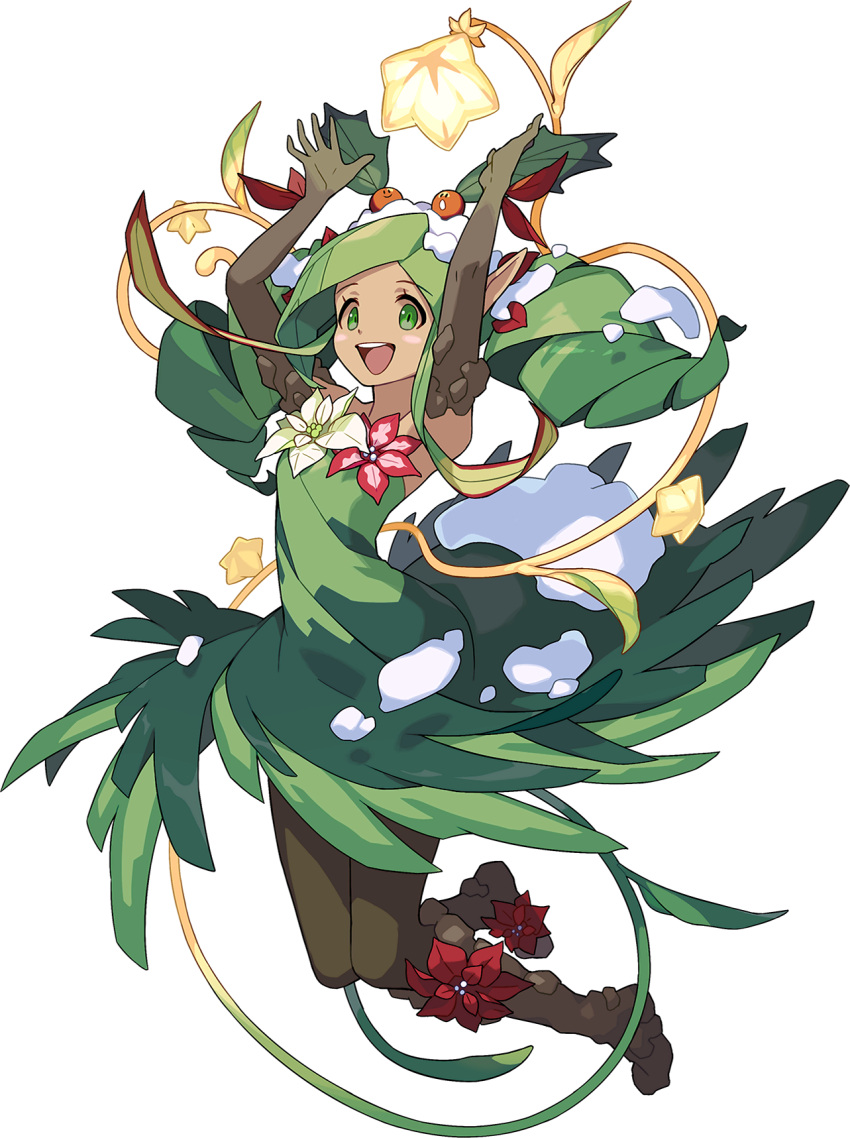 1girl artist_request bare_shoulders blush blush_stickers boots brown_footwear brown_gloves brown_legwear charua_(world_flipper) christmas dark-skinned_female dark_skin dirt dress drill_hair dryad elbow_gloves eyebrows_visible_through_hair flat_chest flower full_body gloves green_dress green_eyes green_hair happy highres holly jumping knee_boots long_hair looking_at_viewer monster_girl non-web_source official_art open_mouth pantyhose plant plant_girl plant_hair pointy_ears red_flower sidelocks smile snow solo star_(symbol) strapless strapless_dress teeth tied_hair transparent_background twin_drills twintails vines white_flower world_flipper