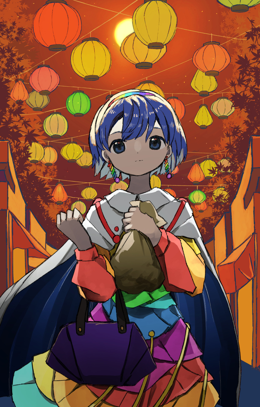 1girl absurdres bag blue_eyes blue_hair cape earrings highres jewelry multicolored multicolored_clothes neruzou rainbow short_hair solo tenkyuu_chimata touhou unconnected_marketeers