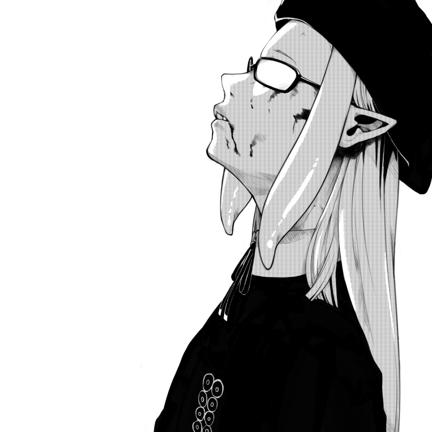 1girl beret blood blood_on_face collared_shirt derivative_work glasses greyscale hair_behind_ear hat highres hololive hololive_english kaneki_profile_picture leaning_back manga_panel_redraw meme monochrome ninomae_ina'nis parted_lips pointy_ears secretperson shirt solo tentacle_hair tokyo_ghoul tokyo_ghoul:re virtual_youtuber white_background
