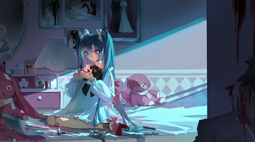 1boy 1girl absurdres acr_(dash) blood blood_on_face blue_eyes blue_hair chain chained dress hatsune_miku high_heels highres holding lamp painting_(object) ribbon stuffed_animal stuffed_toy teddy_bear twintails vocaloid