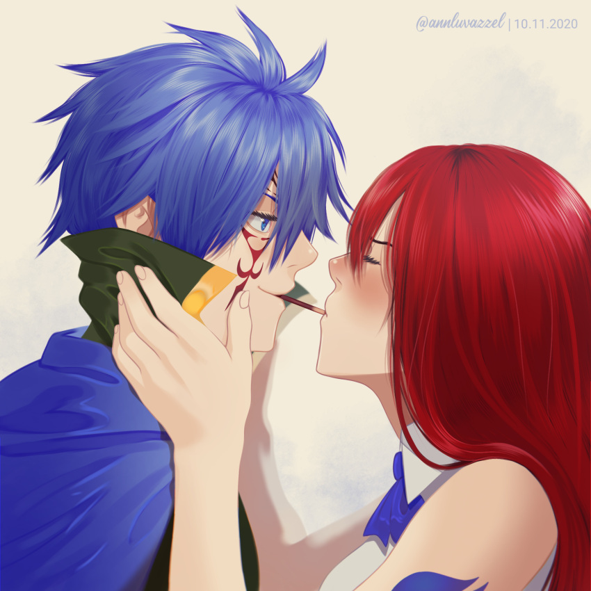 1boy 1girl annlu_vazzel arm_tattoo artist_name blue_bow blue_eyes blue_hair blush bow bowtie closed_eyes couple dated english_commentary erza_scarlet facing_another fairy_tail food from_side hand_on_another's_face hand_up hetero highres jellal_fernandes long_hair looking_at_another pocky pocky_day profile redhead shared_food short_hair tattoo upper_body