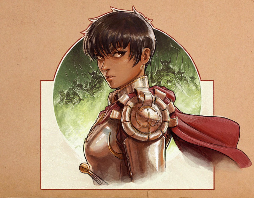 1girl armor army berserk brown_eyes capelet casca_(berserk) dark-skinned_female dark_skin dave_rapoza lance lips polearm red_capelet short_hair solo_focus upper_body weapon