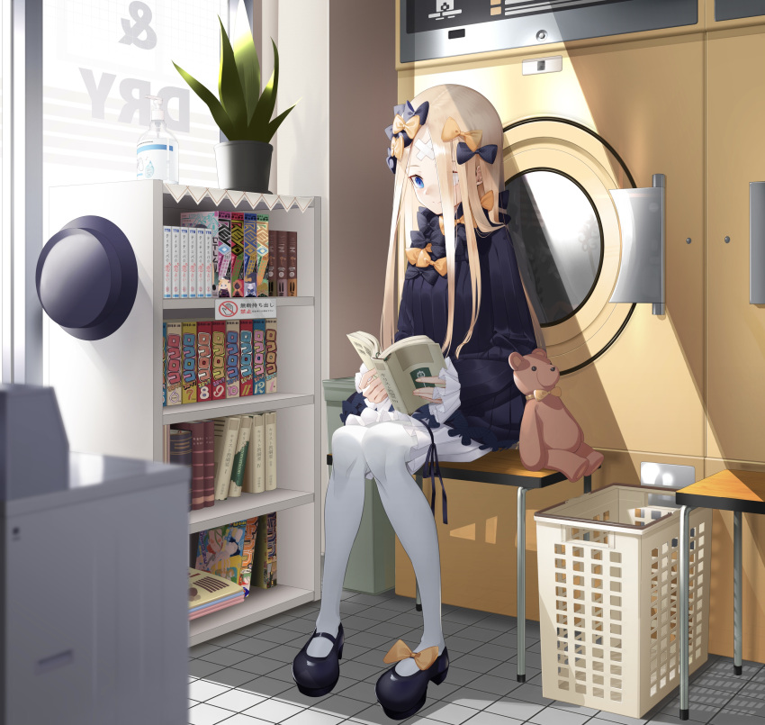 1girl abigail_williams_(fate) absurdres bandaid bandaid_on_forehead bangs black_bow black_dress black_headwear blonde_hair blue_eyes blush book bookshelf bow breasts crossed_bandaids dress fate/grand_order fate_(series) forehead hair_bow hat hat_removed headwear_removed highres laundromat laundry_basket long_hair long_sleeves looking_at_viewer multiple_bows open_book orange_bow pantyhose parted_bangs plant polka_dot polka_dot_bow potted_plant ribbed_dress shiro_ami small_breasts smile stuffed_animal stuffed_toy teddy_bear washing_machine white_bloomers white_legwear window