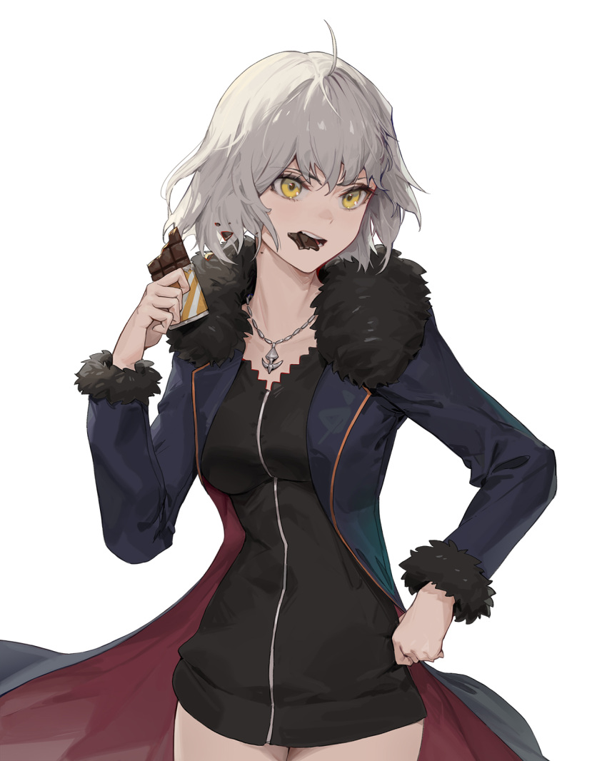1girl ahoge bangs black_coat black_dress breasts chocolate coat collarbone cotta_(heleif) cowboy_shot dress eating fate/grand_order fate_(series) food fur-trimmed_coat fur_trim grey_background grey_hair hand_up highres jeanne_d'arc_(alter)_(fate) jeanne_d'arc_(fate)_(all) jewelry long_sleeves looking_at_viewer medium_breasts medium_hair necklace open_clothes open_coat shiny shiny_hair simple_background solo teeth white_background yellow_eyes