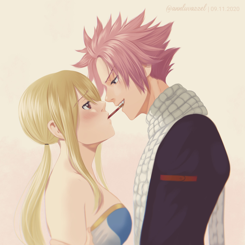 1boy 1girl annlu_vazzel artist_name bangs bare_shoulders blonde_hair blush breasts couple dated english_commentary eye_contact fairy_tail fang food highres large_breasts long_hair looking_at_another looking_up lucy_heartfilia natsu_dragneel open_mouth pink_hair pocky pocky_day pocky_kiss profile scarf shared_food short_hair skindentation smile spiky_hair twintails white_scarf