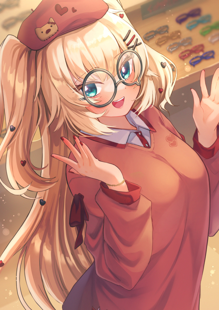 1girl :d akai_haato aqua_eyes bangs beret blonde_hair blush breasts commentary_request dress eyebrows_visible_through_hair eyewear_removed glasses hair_ornament hairpin hands_up hat heart heart_hair_ornament highres hololive indoors long_hair long_sleeves looking_at_viewer magowasabi nail_polish open_mouth red_dress red_headwear red_nails roboco-san smile solo two_side_up upper_body very_long_hair virtual_youtuber x_hair_ornament