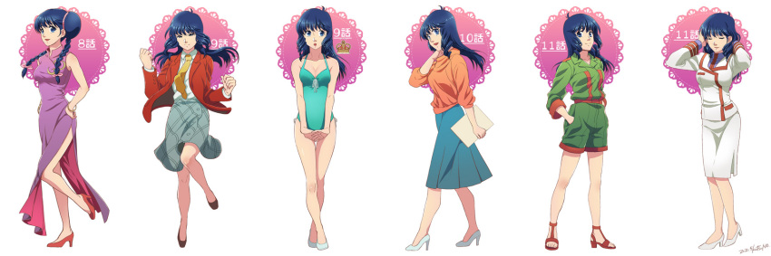 1girl :o aqua_swimsuit blazer blue_eyes blue_hair blue_skirt breasts china_dress chinese_clothes choujikuu_yousai_macross closed_eyes dress green_jumpsuit hands_in_pockets high_heels highres jacket kutsuno lynn_minmay macross medium_breasts military military_uniform official_alternate_costume one-piece_swimsuit purple_dress red_jacket school_uniform skirt smile surprised swimsuit uniform uta_macross_sumaho_deculture white_background white_footwear white_jacket white_skirt