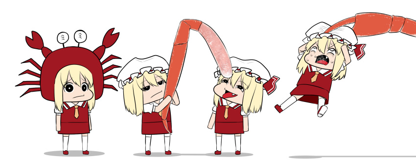4girls black_eyes blonde_hair bored closed_mouth costume crab_leg eyebrows_visible_through_hair flandre_scarlet food full_body gingham_(amalgam) hair_between_eyes hat highres medium_hair mob_cap multiple_girls open_mouth sad simple_background sweat tongue tongue_out touhou white_background