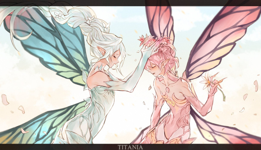 2others bangs blush braid closed_eyes eyebrows_visible_through_hair fairy fairy_wings final_fantasy final_fantasy_xiv flat_chest flower from_side hair_flower hair_ornament head_wreath highres holding holding_flower letterboxed multiple_others petals pink_hair pointy_ears smile thigh-highs titania_(final_fantasy) tladpwl03 tyr_beq white_hair wind wings