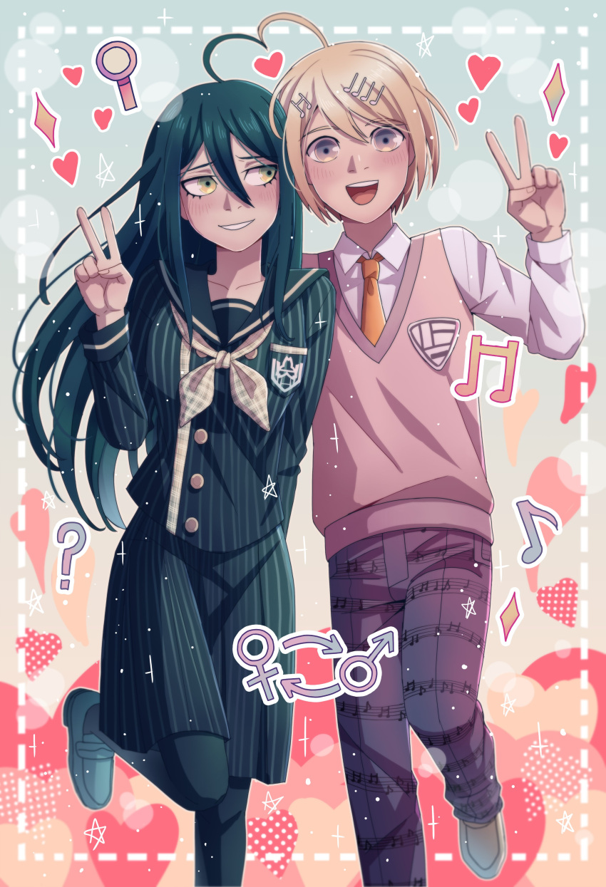 1boy 1girl :d absurdres ahoge akamatsu_kaede black_legwear black_shirt blonde_hair blue_background blush breasts brown_eyes cheer_(cheerkitty14) collarbone collared_shirt dangan_ronpa_(series) dangan_ronpa_v3:_killing_harmony english_commentary foot_out_of_frame genderswap genderswap_(ftm) genderswap_(mtf) grin hair_between_eyes hand_up heart heart_ahoge_duo highres long_hair long_sleeves looking_at_another looking_at_viewer mars_symbol medium_breasts open_mouth pants pink_vest purple_pants saihara_shuuichi sailor_collar shirt shoes short_hair skirt smile standing standing_on_one_leg striped striped_shirt striped_skirt sweater_vest thigh-highs upper_teeth v venus_symbol vest