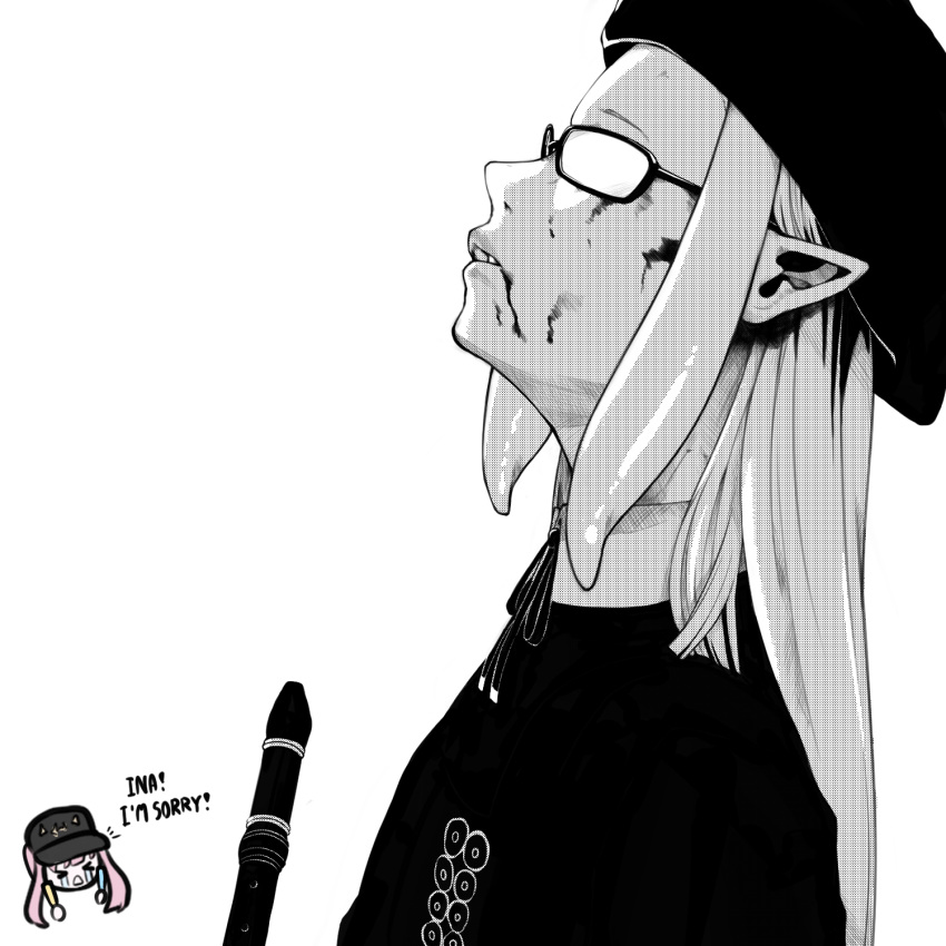 &gt;_&lt; 2girls beret blood blood_on_face chibi chibi_inset collared_shirt crying derivative_work glasses hair_behind_ear hat highres hololive hololive_english instrument kaneki_profile_picture leaning_back light_stick manga_panel_redraw meme monochrome multiple_girls ninomae_ina'nis parted_lips pointy_ears recorder secretperson shirt solo_focus spot_color tentacle_hair tokyo_ghoul tokyo_ghoul:re virtual_youtuber white_background