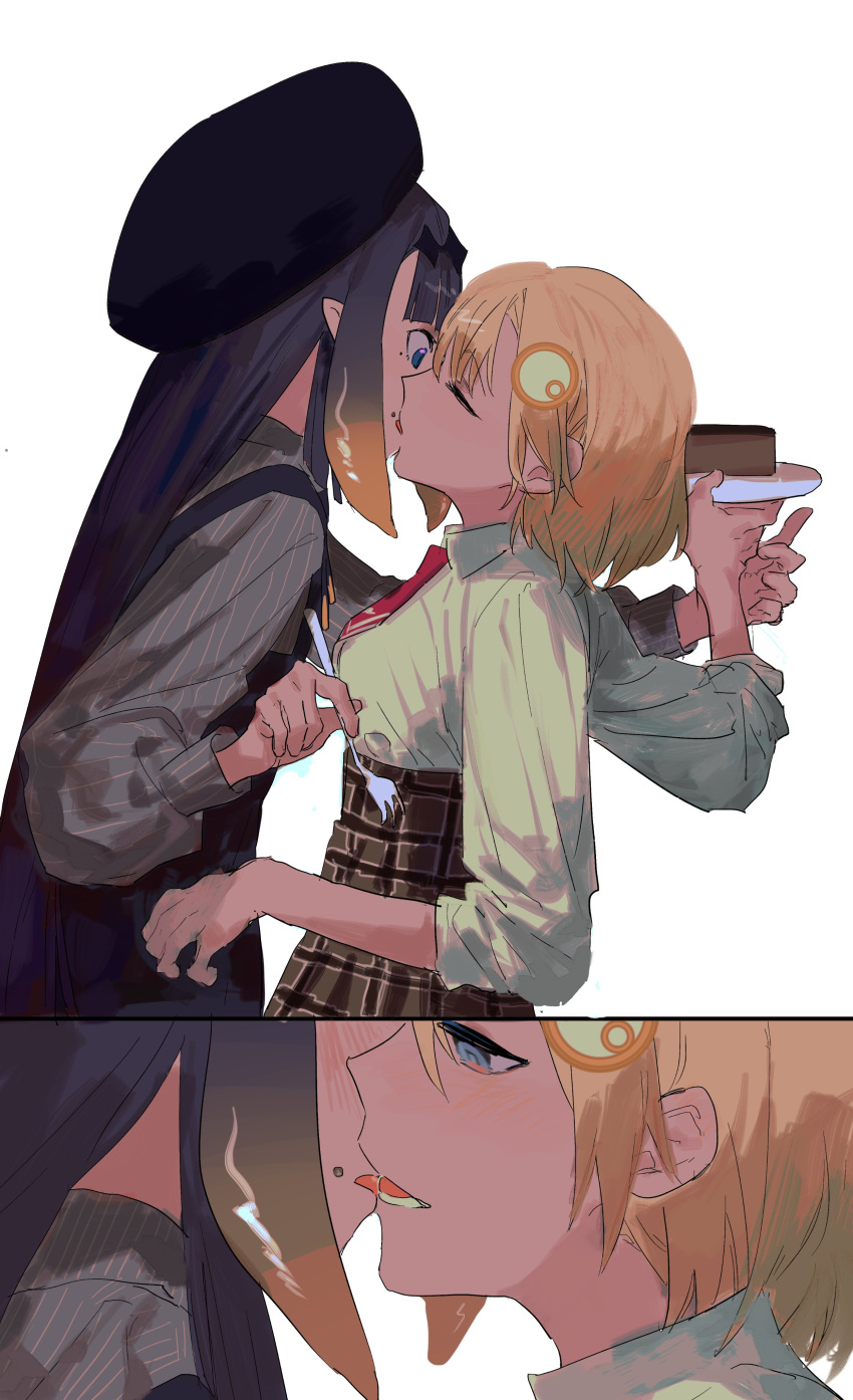 2girls absurdres after_kiss bangs black_dress blonde_hair breasts cake chinese_commentary closed_eyes collared_shirt crumbs dress food grey_shirt hair_ornament highres holding holding_plate hololive hololive_english kiss long_hair looking_down medium_breasts mole mole_under_eye monocle_hair_ornament multiple_girls necktie ninomae_ina'nis noedelsgeest open_mouth plate purple_hair red_neckwear shirt short_necktie surprised tentacle_hair virtual_youtuber watson_amelia yuri