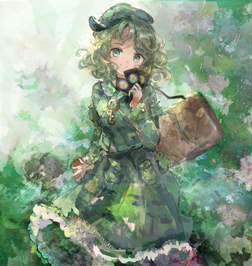 1girl bangs blush box camouflage camouflage_jacket camouflage_print camouflage_skirt card closed_mouth commentary_request cowboy_shot curly_hair flat_cap green_eyes green_hair hand_up hat highres holding holding_card jacket key looking_at_viewer short_hair skirt smile solo touhou uwazumi yamashiro_takane