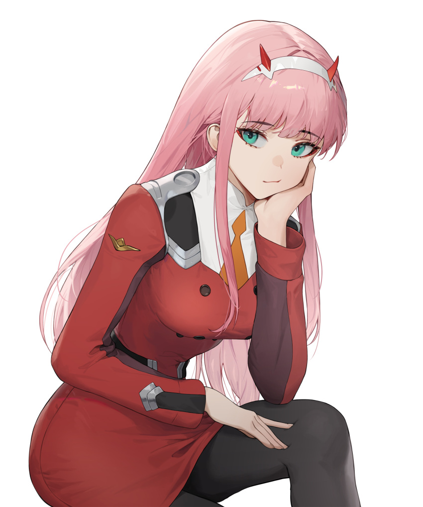 1girl absurdres bangs black_legwear breasts closed_mouth cotta_(heleif) darling_in_the_franxx eyebrows_visible_through_hair green_eyes hairband hand_on_own_leg hand_up head_rest highres horns large_breasts long_hair long_sleeves looking_at_viewer pantyhose pink_hair red_horns shiny shiny_hair simple_background sitting solo uniform white_background zero_two_(darling_in_the_franxx)