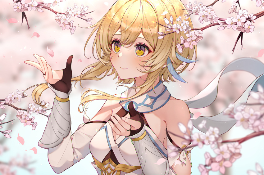 1girl bangs bare_shoulders black_gloves blonde_hair blurry blurry_background blurry_foreground blush breasts cherry_blossoms closed_mouth commentary_request depth_of_field detached_sleeves dress eyebrows_visible_through_hair feather_hair_ornament feathers fingernails flower genshin_impact gloves hair_ornament hands_up jewelry long_sleeves lumine_(genshin_impact) partially_fingerless_gloves petals pink_flower ring scarf short_hair_with_long_locks smile solo upper_body usamochi. white_dress white_scarf yellow_eyes