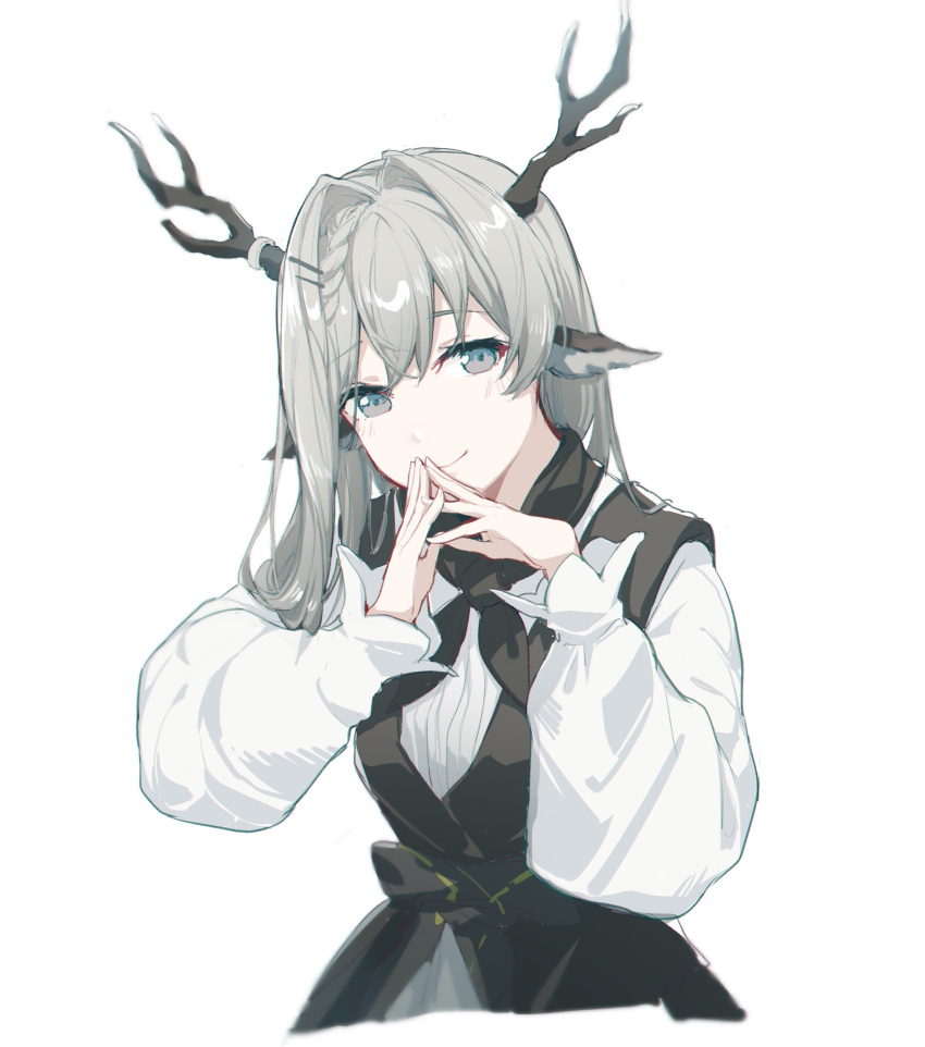 1girl absurdres alina_(arknights) animal_ears arknights black_dress black_sash chinese_commentary cropped_torso deer_antlers deer_ears deer_girl dress grey_eyes grey_hair hair_intakes hair_ornament hairclip hand_to_own_mouth hands_together highres long_hair looking_at_viewer sash shirt simple_background smile solo upper_body white_background white_shirt white_sleeves yumuto_(spring1786)