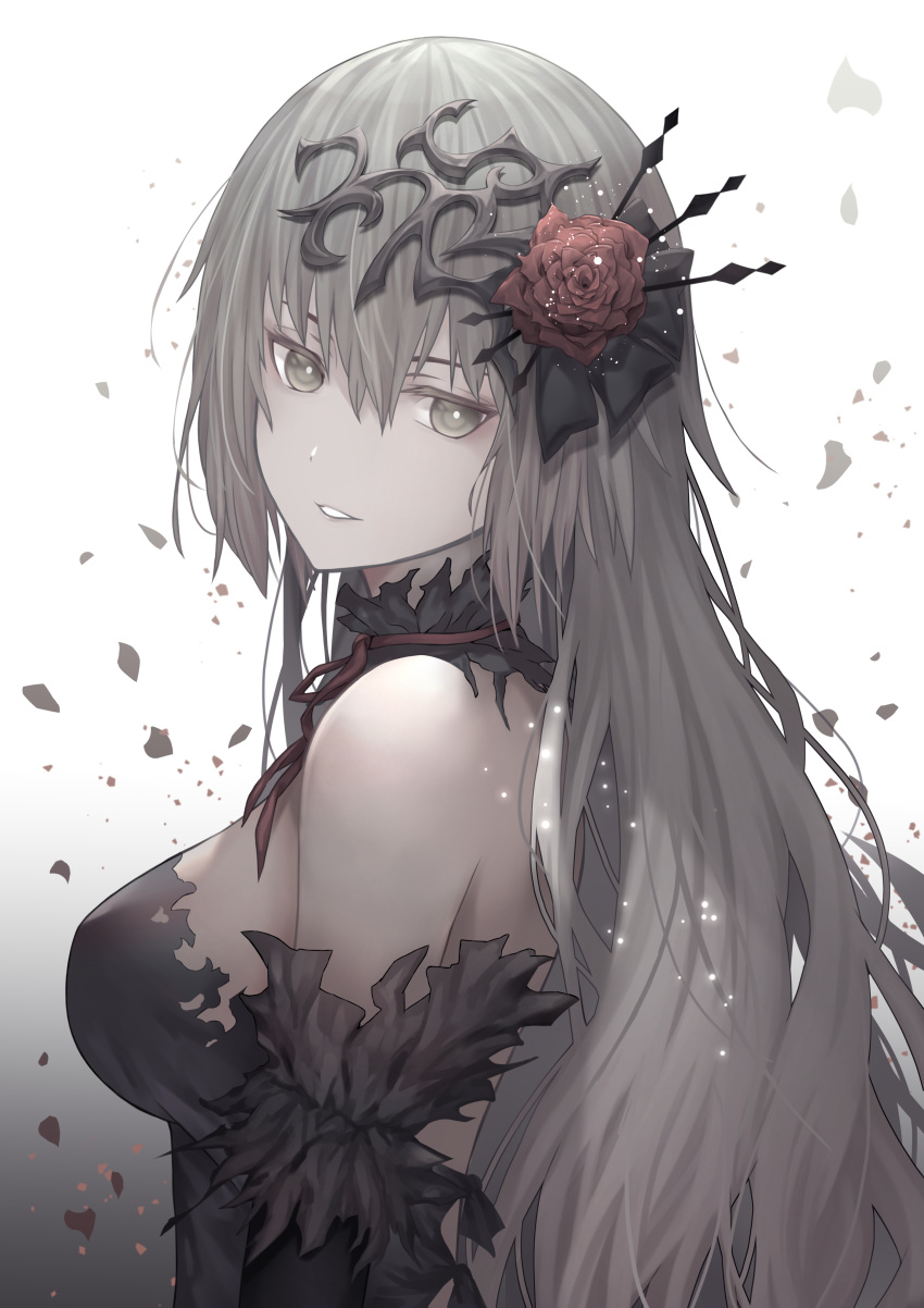 1girl absurdres bao_lan fate/grand_order fate_(series) flower gothic gradient gradient_background green_eyes grey_hair hair_ornament highres jeanne_d'arc_(alter)_(fate) jeanne_d'arc_(fate)_(all) long_hair looking_at_viewer smile solo