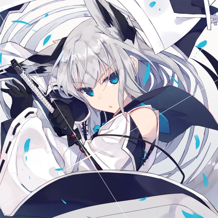 1girl :o animal_ear_fluff animal_ears azur_lane bangs bare_shoulders black_gloves blue_eyes dress eyebrows_visible_through_hair fox_ears glint gloves head_tilt highres holding holding_sword holding_weapon katana kawakaze_(azur_lane) long_hair long_sleeves looking_at_viewer nagishiro_mito parted_lips petals ribbon-trimmed_sleeves ribbon_trim silver_hair sleeves_past_wrists solo sword v-shaped_eyebrows weapon white_dress wide_sleeves