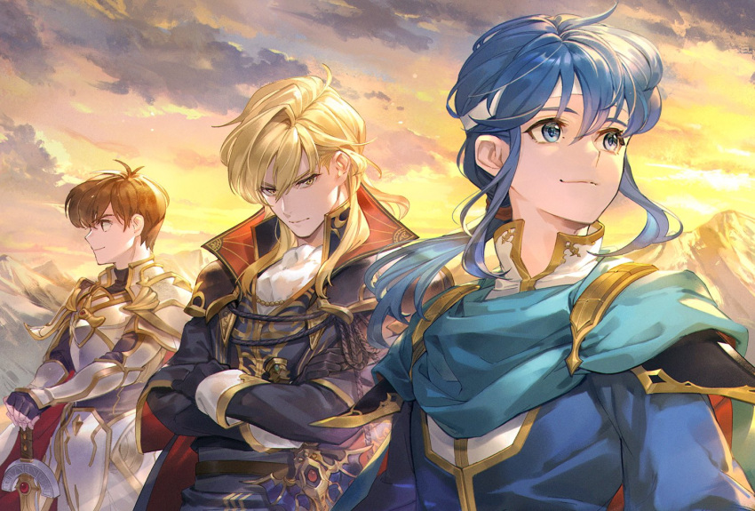 3boys ares_(fire_emblem) armor bangs blonde_hair blue_eyes bomssp brown_hair crossed_arms fire_emblem fire_emblem:_genealogy_of_the_holy_war headband leif_(fire_emblem) long_hair looking_at_another mountain multiple_boys seliph_(fire_emblem) shoulder_armor sky sunset sword weapon