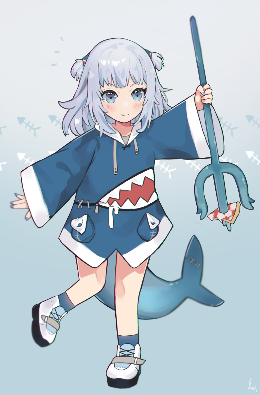 1girl absurdres bangs blue_eyes blue_hair blue_nails blush fish_tail food gawr_gura highres holding holding_weapon hololive hololive_english lucabassiart multicolored_hair open_hand pizza polearm shark_tail silver_hair smile solo streaked_hair tail trident two_side_up v-shaped_eyebrows virtual_youtuber weapon