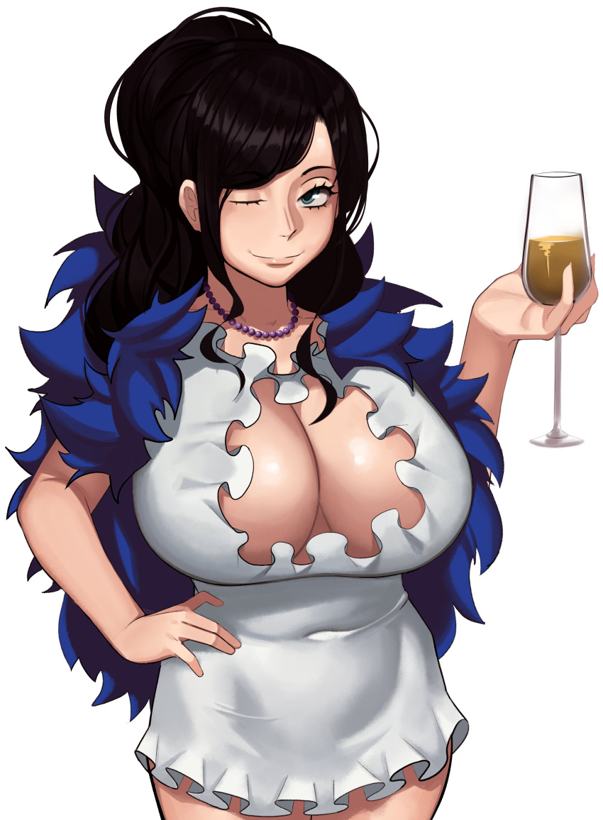 1girl absurdres bead_necklace beads black_hair blue_eyes breasts champagne_flute cleavage_cutout clothing_cutout collarbone covered_navel cup dress drinking_glass feather_boa hair_behind_ear hand_on_hip highres holding holding_cup huge_breasts jewelry kevbot long_hair necklace nico_robin one_eye_closed one_piece smile solo white_dress