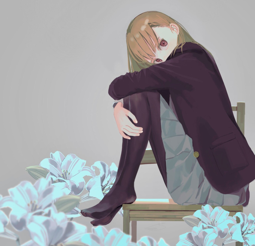 1girl beige_background black_jacket black_legwear blazer blonde_hair chair commentary_request covered_mouth donguri_hello feet_on_chair flower from_side full_body grey_skirt head_tilt highres jacket leg_hug long_hair long_sleeves looking_at_viewer looking_to_the_side negative_space no_shoes on_chair original pantyhose pleated_skirt pocket red_eyes simple_background sitting skirt solo white_flower white_lily