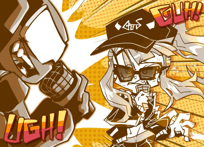 1boy 1girl armor bangs baseball_cap clenched_teeth friday_night_funkin' hat hololive hololive_english jacket john_captain limited_palette long_hair microphone monochrome mori_calliope newgrounds patterned_background rouge_the_great sunglasses tankman_(newgrounds) tankmen teeth yellow_background