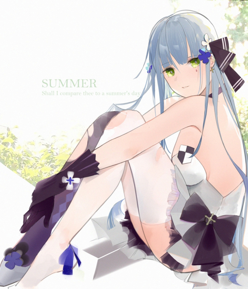 1girl bangs black_gloves black_ribbon blue_hair breasts chilli_646 cross cross_earrings dress earrings english_text eyebrows_visible_through_hair girls_frontline gloves green_eyes hair_ribbon hands_on_legs highres hk416_(girls_frontline) jewelry long_hair looking_at_viewer multicolored multicolored_clothes multicolored_legwear ribbon shoes simple_background sitting_on_floor solo summer thigh-highs white_dress