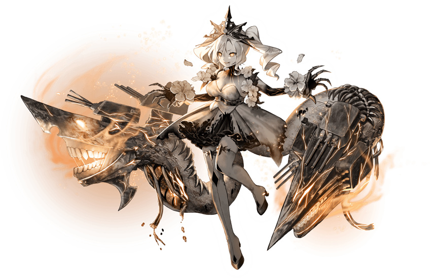 1girl abyssal_ship aura claws colored_skin dress drill_hair flower flower_armlet full_body glowing glowing_eyes kantai_collection long_hair monster_girl new_light_cruiser_princess official_art orange_eyes tiara transparent_background turret twintails ugume white_dress white_hair white_skin wire