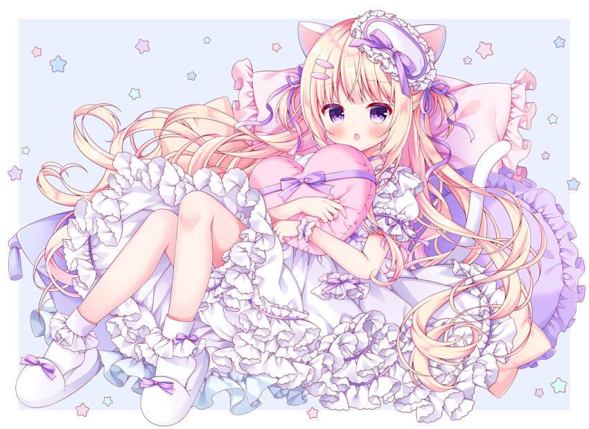 1girl animal_ears bangs blonde_hair bloomers blue_background blush cat_ears cat_girl cat_tail commentary dress eyebrows_visible_through_hair frilled_dress frilled_pillow frills full_body heart heart_pillow knees_up long_hair looking_at_viewer object_hug open_mouth original pillow puffy_short_sleeves puffy_sleeves puu_(kari---ume) short_sleeves single_wrist_cuff slippers socks solo starry_background symbol_commentary tail two-tone_background underwear very_long_hair violet_eyes white_background white_bloomers white_dress white_footwear white_legwear wrist_cuffs