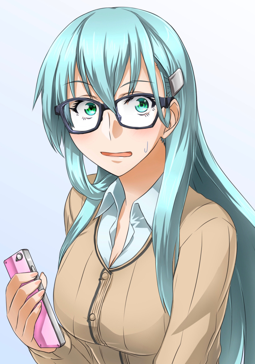 1girl absurdres akito_(sub707) bespectacled black-framed_eyewear blue_background blush breasts brown_sweater cellphone commentary_request glasses green_eyes green_hair hair_between_eyes highres holding holding_phone kantai_collection large_breasts long_hair looking_at_viewer phone shirt smartphone solo suzuya_(kancolle) sweatdrop sweater upper_body very_long_hair white_shirt