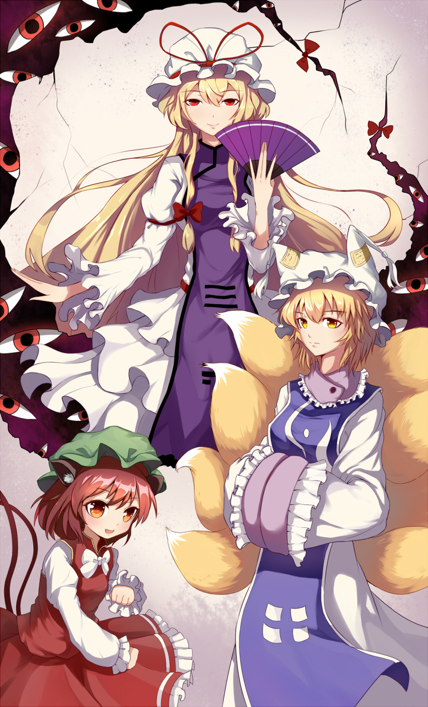 3girls :d animal_ears blonde_hair blush bow bowtie breasts brown_eyes brown_hair cat_ears cat_tail chen crack fan feet_out_of_frame fox_ears fox_tail frills gap_(touhou) hat highres holding holding_fan large_breasts looking_at_viewer mob_cap multiple_girls multiple_tails nekomata open_mouth pillow_hat red_eyes small_breasts smile snozaki tabard tail touhou two_tails white_neckwear yakumo_ran yakumo_yukari yellow_eyes