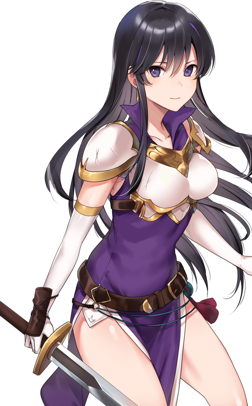 1girl absurdres armor ayra_(fire_emblem) bangs belt belt_buckle black_hair breastplate buckle closed_mouth commission commissioner_upload dress elbow_gloves fire_emblem fire_emblem:_genealogy_of_the_holy_war gloves haru_(nakajou-28) highres holding holding_sword holding_weapon long_hair purple_dress shoulder_armor simple_background skeb_commission sword thighs violet_eyes weapon white_background