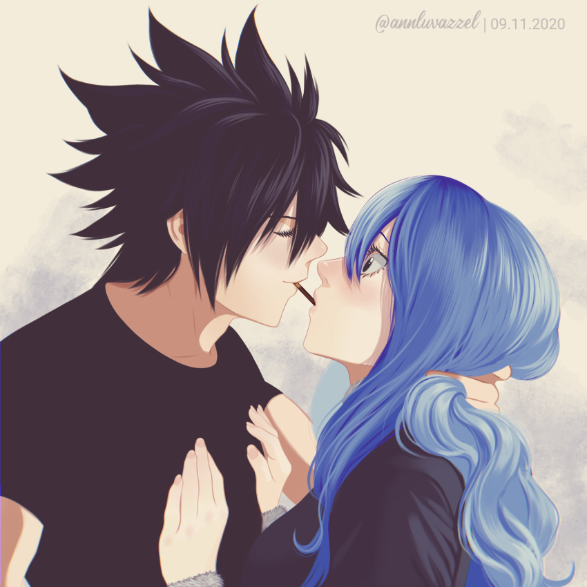 1boy 1girl annlu_vazzel artist_name bangs black_hair black_shirt black_sweater blue_eyes blue_hair breasts closed_eyes couple dated english_commentary facing_another fairy_tail food gray_fullbuster hand_on_another's_neck hetero highres juvia_lockser large_breasts long_hair looking_at_another pocky pocky_day pocky_kiss shirt smile spiky_hair sweater