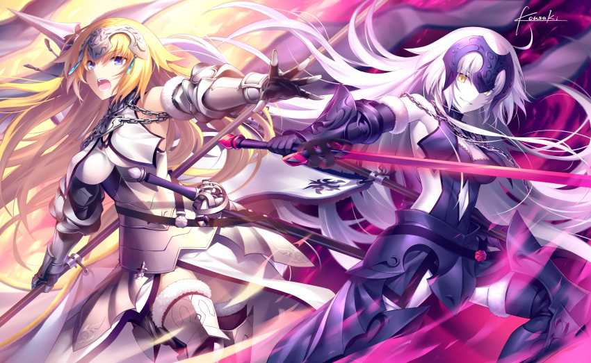 2girls absurdres armor blonde_hair blue_eyes braid detached_sleeves dual_persona fate/apocrypha fate/grand_order fate_(series) faulds flag fur_trim gauntlets headpiece highres jeanne_d'arc_(alter)_(fate) jeanne_d'arc_(fate) jeanne_d'arc_(fate)_(all) kousaki_rui long_hair multiple_girls open_mouth smile sword thigh-highs very_long_hair weapon yellow_eyes