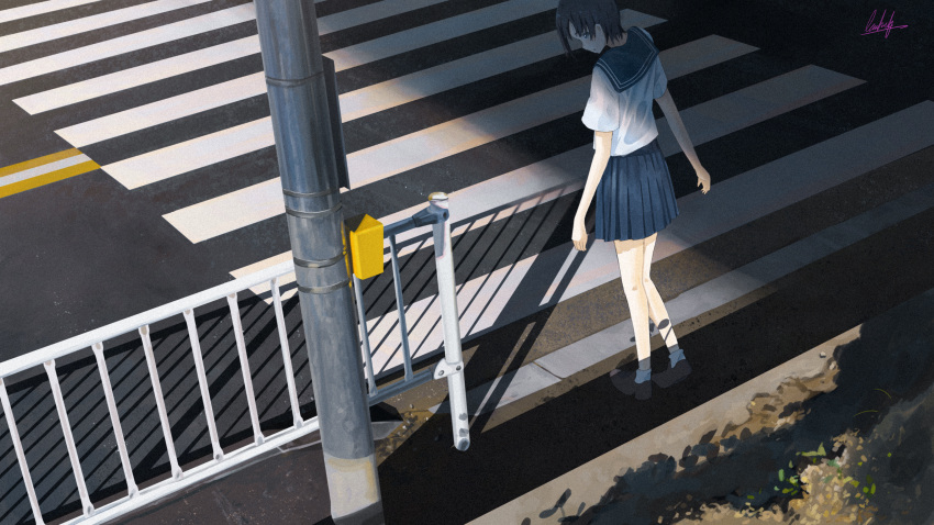 1girl absurdres banishment black_hair blue_eyes blue_skirt brown_footwear commentary_request crosswalk from_above from_behind highres huge_filesize loafers looking_down looking_to_the_side original outdoors parted_lips pleated_skirt profile railing road school_uniform serafuku shadow shoes short_hair short_sleeves signature skirt socks solo standing street utility_pole white_legwear white_serafuku wide_shot
