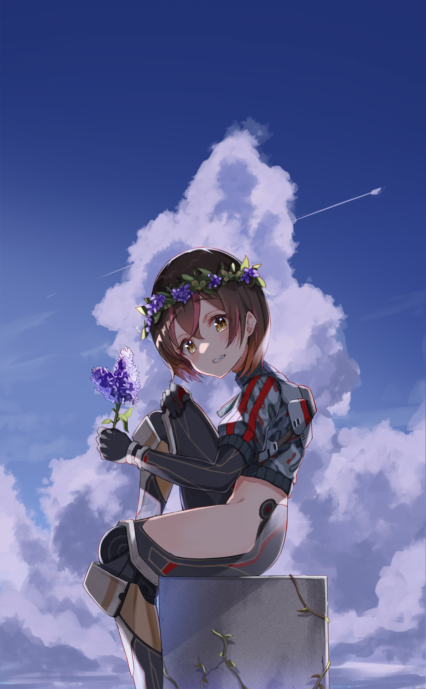 1girl absurdres android blue_sky blush brown_hair camouflage clouds condensation_trail from_side gradient_hair grin haru_yu head_wreath highres hololive jacket looking_at_viewer mechanical_arms mechanical_legs multicolored_hair no_pants reverse_outfit roboco-san short_hair short_sleeves sitting sky smile solo virtual_youtuber yellow_eyes