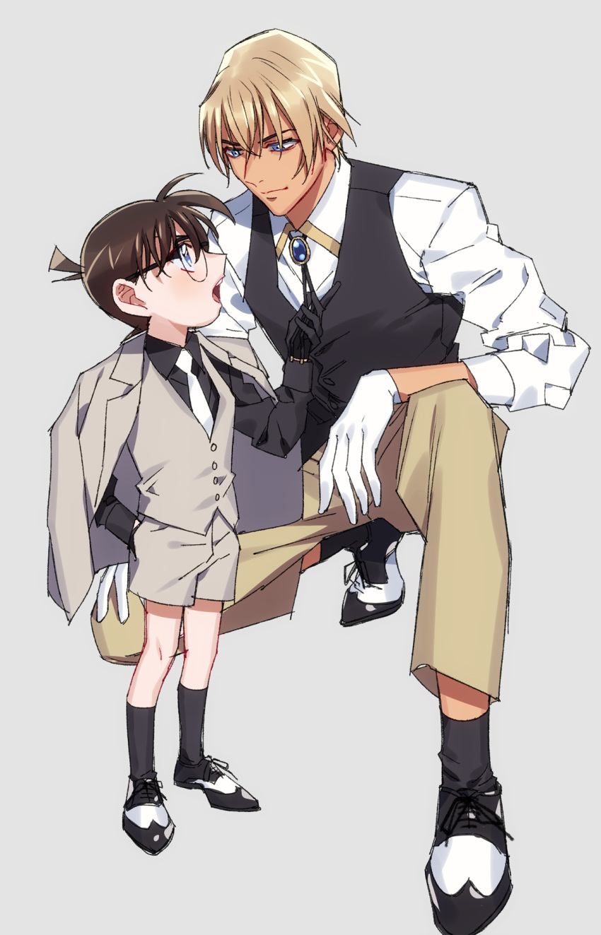 2boys amuro_tooru bangs black-framed_eyewear black_footwear black_gloves black_legwear black_neckwear black_ribbon black_shirt black_vest blonde_hair blue_eyes brooch brown_hair brown_pants child closed_mouth collared_shirt commentary_request edogawa_conan eye_contact glasses gloves grey_background grey_jacket grey_neckwear grey_shorts grey_suit grey_vest hair_between_eyes hand_in_pocket hand_up height_difference highres jacket jacket_on_shoulders jewelry k_(gear_labo) kneehighs light_blush light_smile looking_at_another looking_down looking_up male_focus meitantei_conan multiple_boys neck_ribbon necktie neckwear_grab one-hour_drawing_challenge one_knee open_mouth pants ribbon shirt shoes shorts simple_background sketch sleeves_rolled_up standing upper_teeth vest white_gloves white_shirt